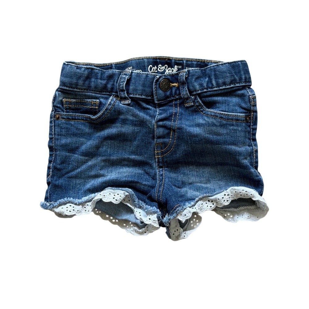Cat & Jack Denim Shorts Girls 3T Blue Black Lace Floral Embroidery 2 Pack - Picture 2 of 7